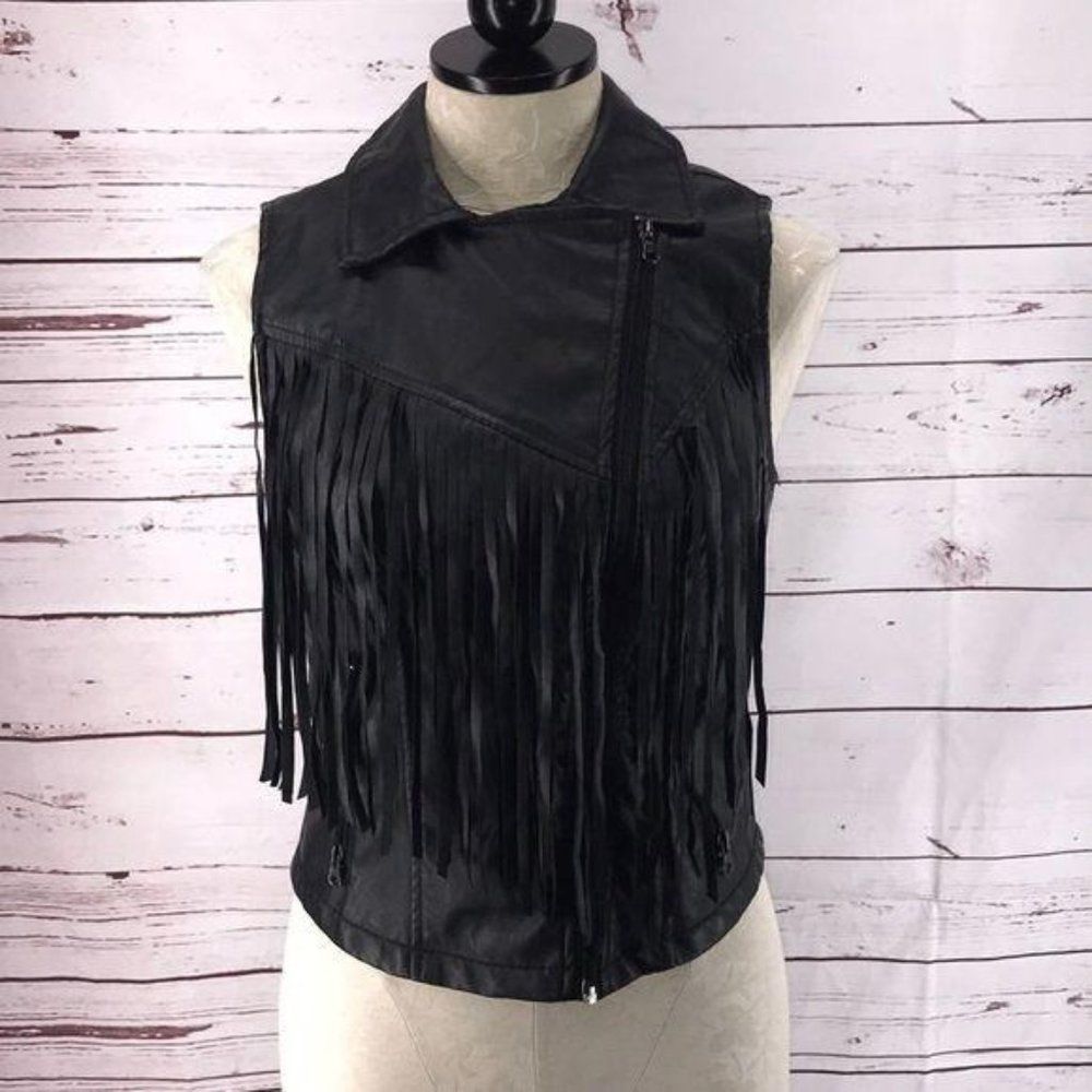 Wet‎ Seal Black Faux Leather Fringed Vest